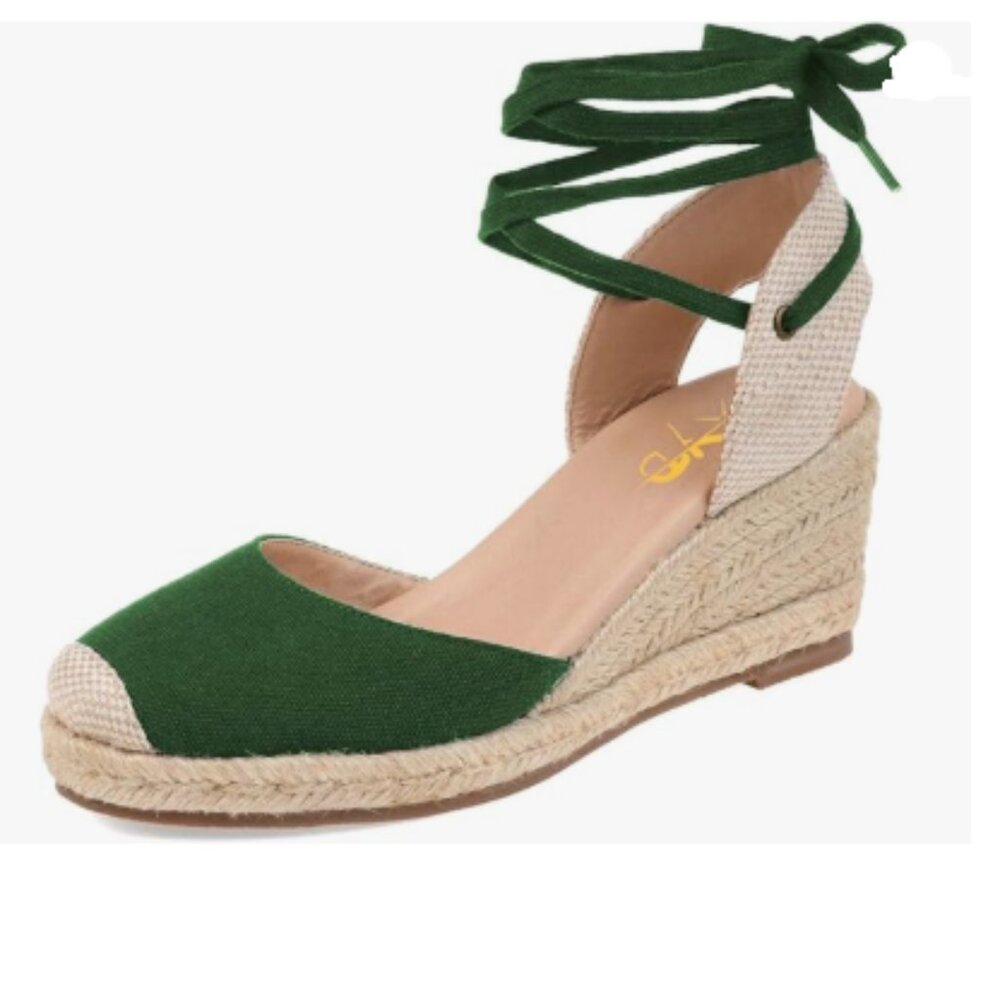 XYD Green Round Toe Ankle Strappy Espadrilles Wedge Sandals Slingback Shoes H